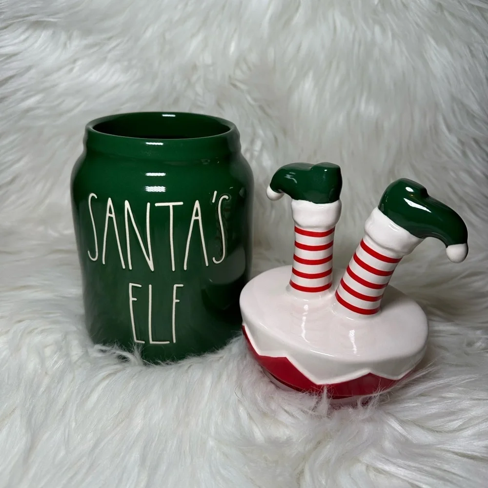 Rae Dunn Santa's Elf Canister with Elf Legs Topper Green and Red